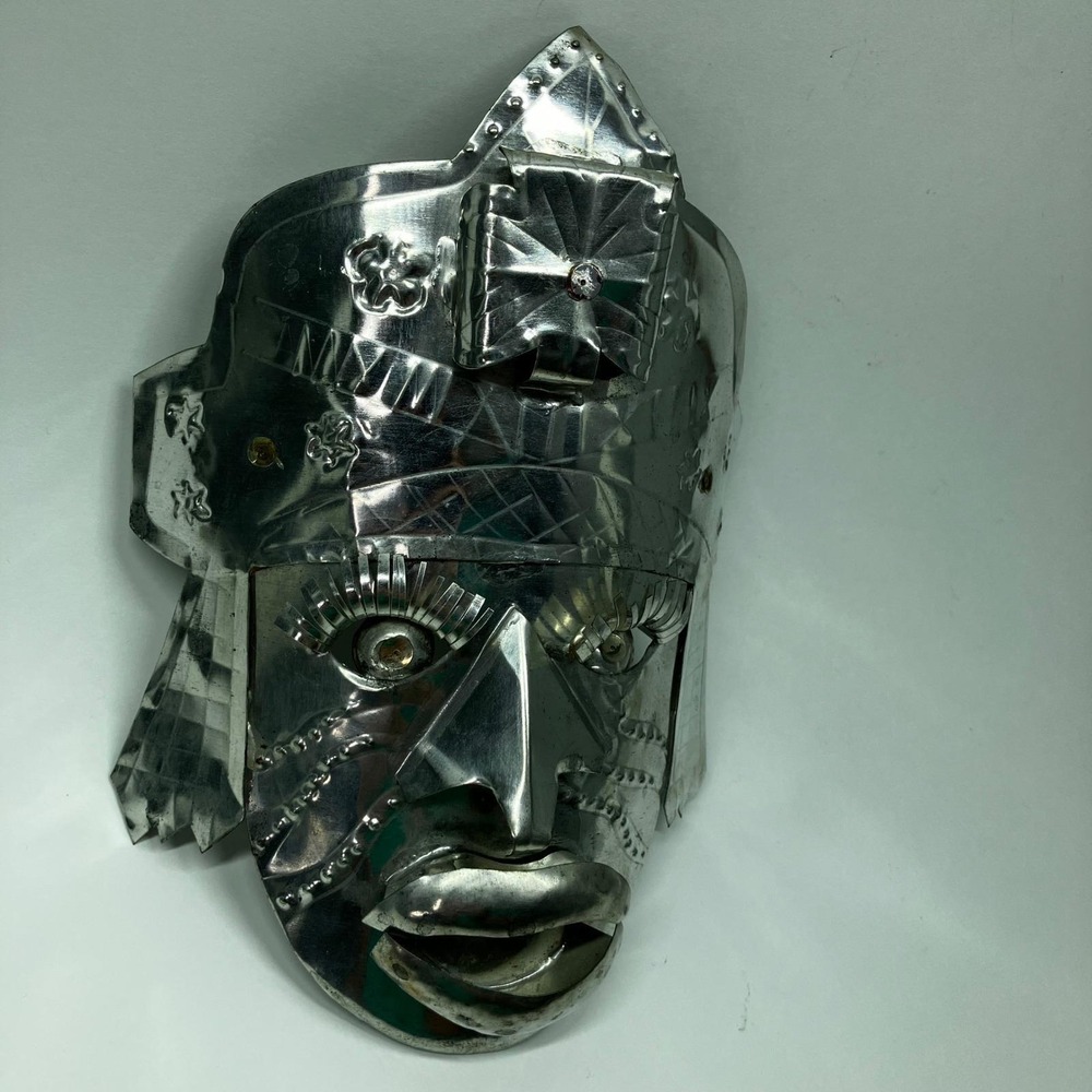 Vintage Mexican Folk Art Metal Mask Hojalata 8x6 Silver Warrior Hand Punched - Picture 7 of 12